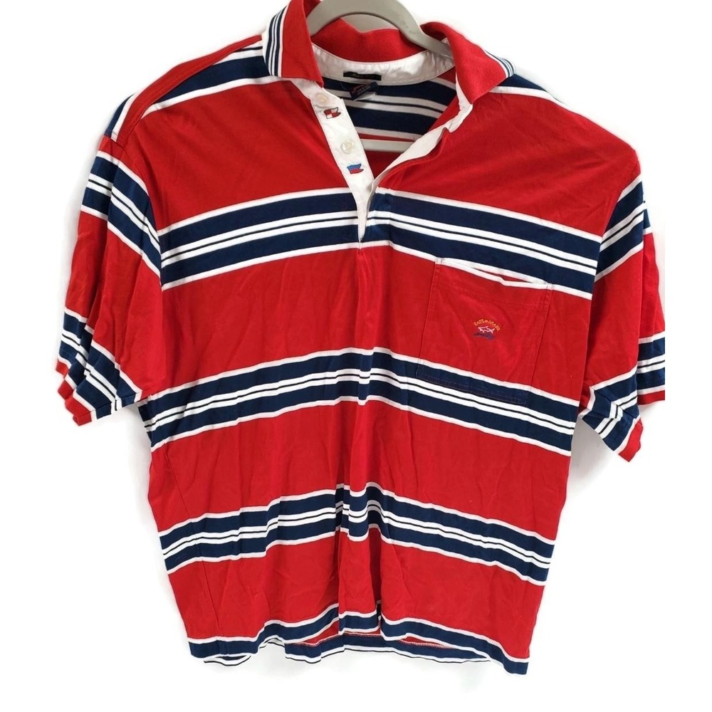Paul & Shark Yachting Shirt Mens 2XL Red Blue Striped Made In Italy Cotton XXL